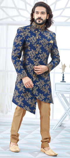 Blue color IndoWestern Dress in Jacquard fabric with Embroidered, Thread, Weaving work