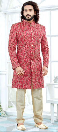 Pink and Majenta color Sherwani in Bangalore Silk fabric with Embroidered, Thread work