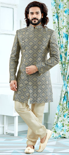 Black and Grey color IndoWestern Dress in Jacquard fabric with Weaving work