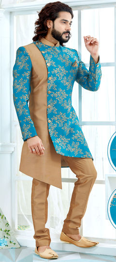 Blue color IndoWestern Dress in Jacquard fabric with Weaving work