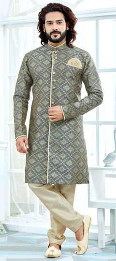 Black and Grey color Sherwani in Jacquard fabric with Weaving work