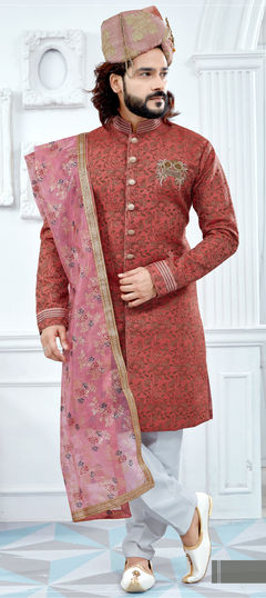 Pink and Majenta color Sherwani in Jacquard fabric with Patch, Thread, Weaving, Zardozi work