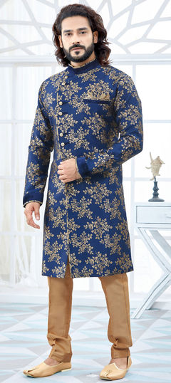 Blue color IndoWestern Dress in Jacquard fabric with Weaving work