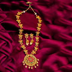 Gold Rodium Polish Green, Red and Maroon color Necklace in Brass studded with CZ Diamond, Pearl