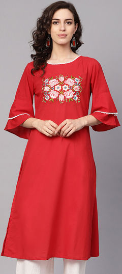 Casual Red and Maroon color Kurti in Rayon fabric with Long Sleeve, Straight Thread work : 1599030