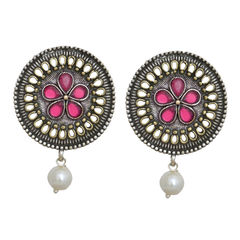 Gold Rodium Polish Gold, Red and Maroon color Earrings in Brass studded with Kundan