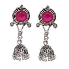 Silver Rodium Polish Silver color Earrings in Brass studded with Kundan