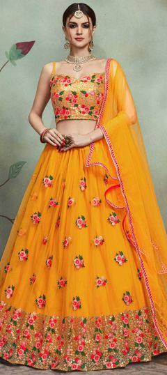 Yellow color Lehenga in Net fabric with Sequence, Thread work