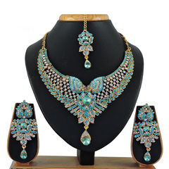 Gold Rodium Polish Blue, White and Off White color Necklace in Metal Alloy studded with CZ Diamond