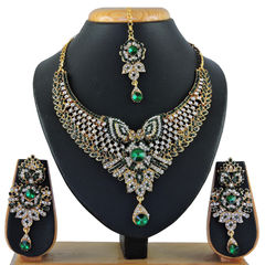 Gold Rodium Polish Green, White and Off White color Necklace in Metal Alloy studded with CZ Diamond