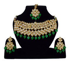 Gold Rodium Polish Green, White and Off White color Necklace in Metal Alloy studded with Kundan