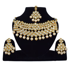 Gold Rodium Polish Beige and Brown, White and Off White color Necklace in Metal Alloy studded with Kundan