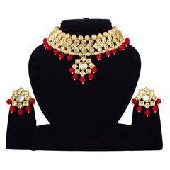 Gold Rodium Polish Red and Maroon, White and Off White color Necklace in Metal Alloy studded with Kundan