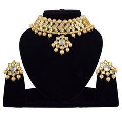 Gold Rodium Polish Beige and Brown, White and Off White color Necklace in Metal Alloy studded with Kundan