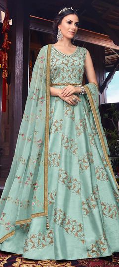 Mehendi Sangeet, Reception Blue color Salwar Kameez in Silk fabric with Anarkali Embroidered, Thread, Zari work : 1601122