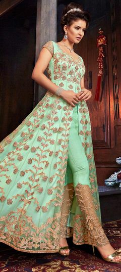 Mehendi Sangeet, Reception Green color Salwar Kameez in Net fabric with Slits Embroidered, Patch, Stone, Thread, Zari work : 1601142