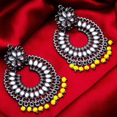 Yellow color Earrings in Metal Alloy studded with CZ Diamond, Pearl & Silver Rodium Polish : 1601543