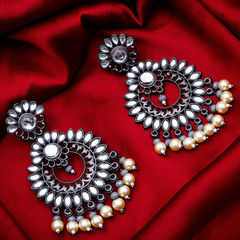 Beige and Brown, Black and Grey color Earrings in Metal Alloy studded with CZ Diamond, Pearl & Silver Rodium Polish : 1601547