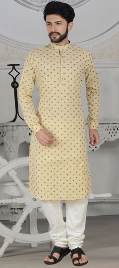 Beige and Brown color Kurta Pyjamas in Cotton, Linen fabric with Digital Print work