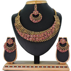 Gold Rodium Polish Beige and Brown, Pink and Majenta color Necklace in Metal Alloy studded with CZ Diamond