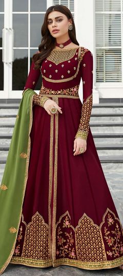 Red and Maroon color Salwar Kameez in Faux Georgette fabric with Embroidered, Resham, Stone, Thread, Zari work