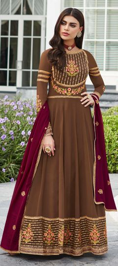 Beige and Brown color Salwar Kameez in Faux Georgette fabric with Embroidered, Resham, Stone, Thread, Zari work