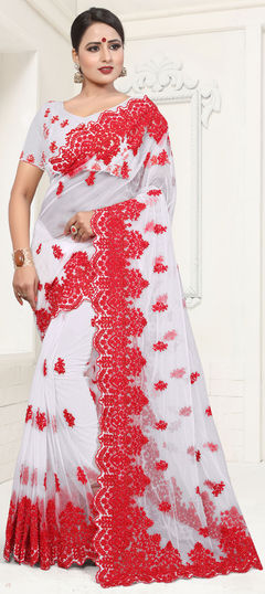 White and Off White color Saree in Net fabric with Embroidered, Moti, Resham, Stone, Thread work