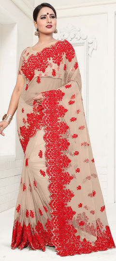 Beige and Brown color Saree in Net fabric with Embroidered, Moti, Resham, Stone, Thread work