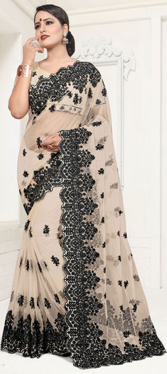 Beige and Brown color Saree in Net fabric with Embroidered, Moti, Resham, Stone, Thread work