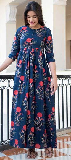 Casual Blue color Gown in Muslin fabric with Digital Print work : 1603983