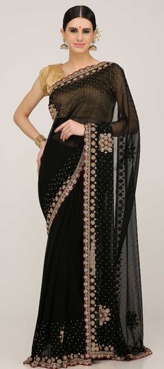 Engagement, Mehendi Sangeet, Wedding Black and Grey color Saree in Georgette fabric with Classic Cut Dana, Embroidered, Resham, Stone, Thread, Zircon work : 1604140