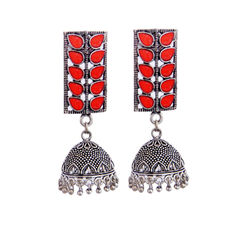 Red and Maroon color Earrings in Brass studded with Beads & Silver Rodium Polish : 1604335