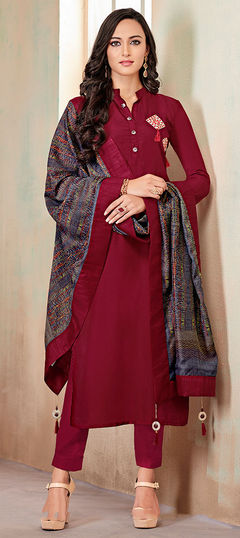 Red and Maroon color Salwar Kameez in Cotton fabric with Patch work