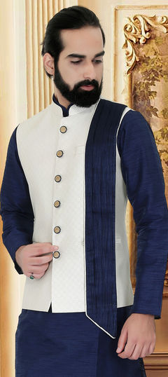White and Off White color Nehru Jacket in Satin Silk fabric with Weaving work