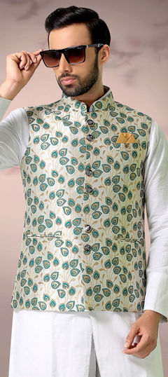 Multicolor color Nehru Jacket in Brocade fabric with Weaving work