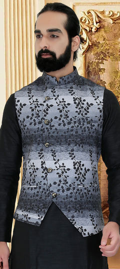 Black and Grey color Nehru Jacket in Silk fabric with Printed work