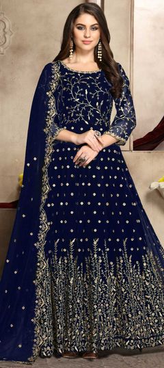 Mehendi Sangeet, Party Wear Blue color Salwar Kameez in Georgette fabric with Abaya, Anarkali Embroidered, Thread, Zari work : 1605182