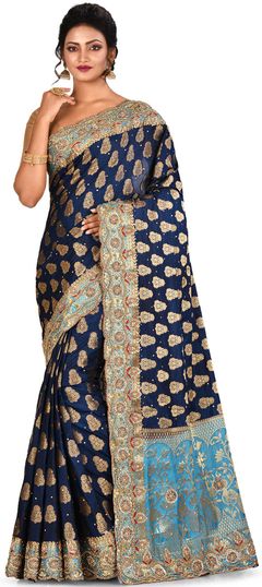 Blue color Saree in Kanchipuram Silk, Silk fabric with Bugle Beads, Sequence, Thread, Weaving work