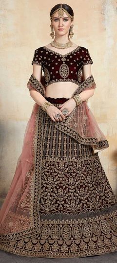 Red and Maroon color Lehenga in Velvet fabric with Embroidered, Stone, Thread work