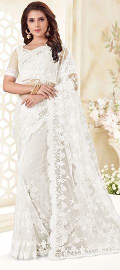 White and Off White color Saree in Net fabric with Bugle Beads, Embroidered, Resham, Thread work