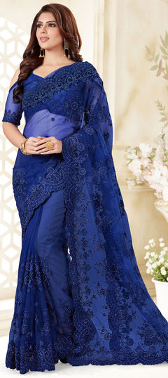 Blue color Saree in Net fabric with Bugle Beads, Embroidered, Resham, Thread work