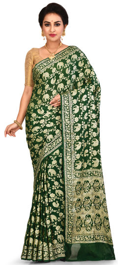 Green color Saree in Banarasi Silk, Silk fabric with Weaving work