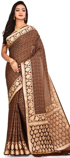 Beige and Brown color Saree in Banarasi Silk, Silk fabric with Weaving work