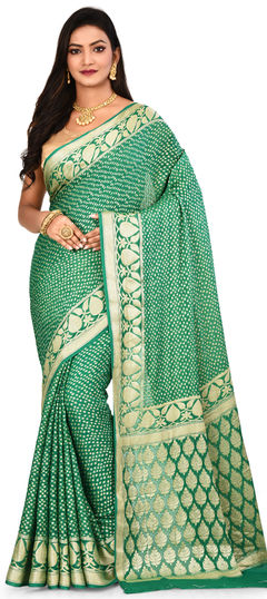 Green color Saree in Banarasi Silk, Silk fabric with Weaving work