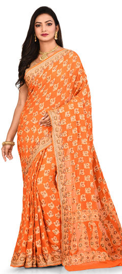 Orange color Saree in Banarasi Silk, Silk fabric with Weaving work