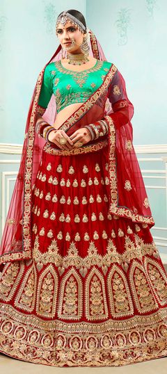 Red and Maroon color Lehenga in Satin Silk fabric with Embroidered, Stone, Thread, Zari work