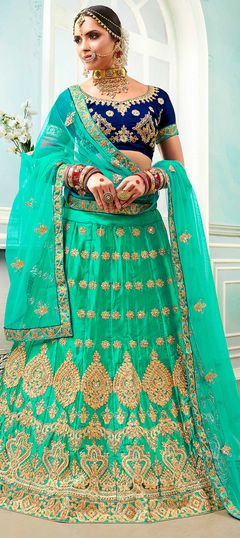 Green color Lehenga in Satin Silk fabric with Embroidered, Stone, Thread, Zari work