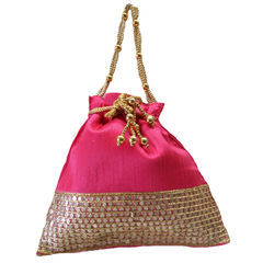 Pink and Majenta color Potli in Raw Dupion Silk fabric with Thread work