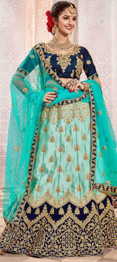 Bridal, Wedding Blue color Lehenga in Satin Silk fabric with A Line Embroidered, Stone, Thread, Zari work : 1608495