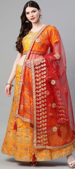 Yellow color Lehenga in Bangalore Silk fabric with Embroidered, Stone, Thread, Zari work